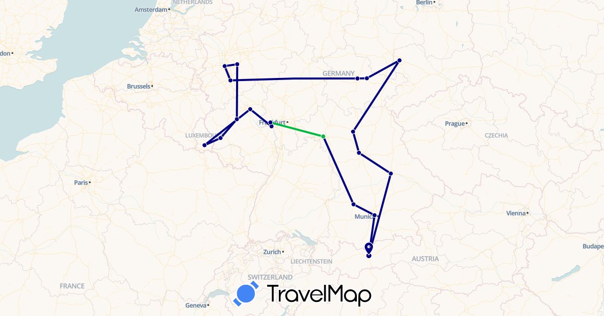 TravelMap itinerary: driving, bus in Austria, Germany, Luxembourg (Europe)