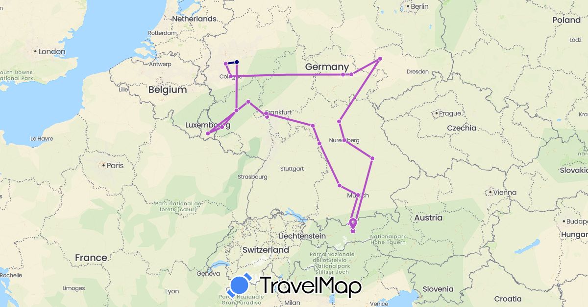 TravelMap itinerary: driving, train in Austria, Germany, Luxembourg (Europe)